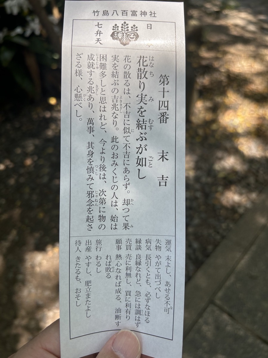 指で持った八百富神社の末吉のおみくじ
